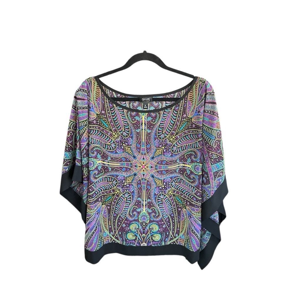 Nicole Miller Paisley Colorful Geometric Print Kimono Blouse Top Women's Size XL